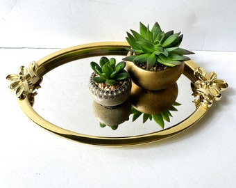 Vintage Mirror Vanity Tray with Gold / Brass Tone Bows, Hanging Wall Mirror