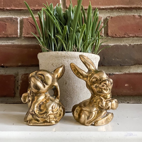 Brass Rabbit Figurines, Vintage Bunny Collectible 