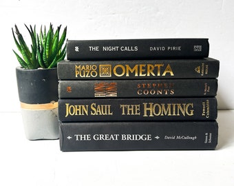 Decorative Book Stack Black Spine Metallic Lettering Vintage collection of five with exact titles shown including Omerta and First editions