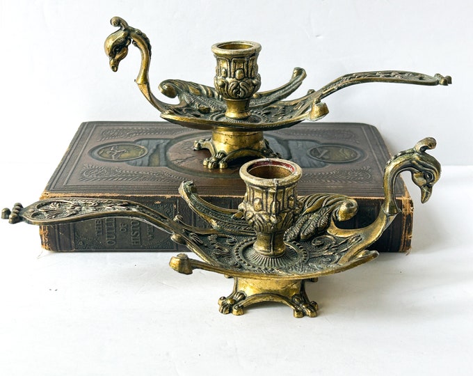 Vintage Brass Tone Peacock Candle Holders, Set of 2, Rococo Style, Made
