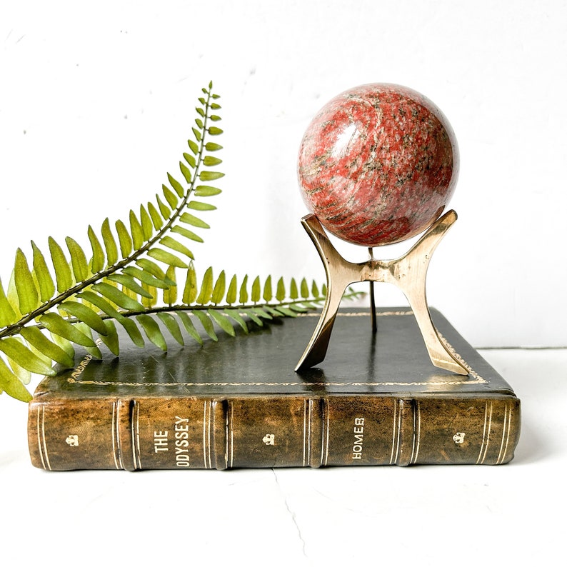 Vintage stone sphere on brass stand, red jasper, marble decor image 5