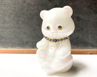 Vintage Fenton Bear, White Opalescent, Blue Rhinestone Necklace,