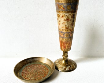 Vintage brass enameled vase and trinket dish