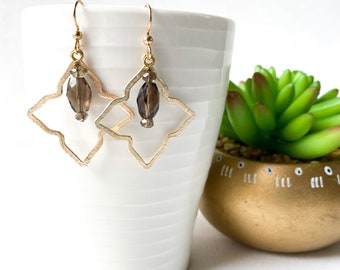 Dressy Earrings, Smoky Quartz Gold Dangle Earrings, Glam Gemstone Jewelry, Bohemian Jewelry