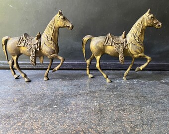 Vintage metal horses, brass and bronze tones with removable saddles, Western Equestrian Decor