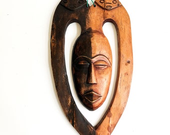 Vintage Carved Wood African Kwele Mask, Wooden Wall Art