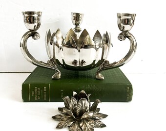 Vintage Silver Plated Flower Frog and Taper Candle Holder, Floral Arranging