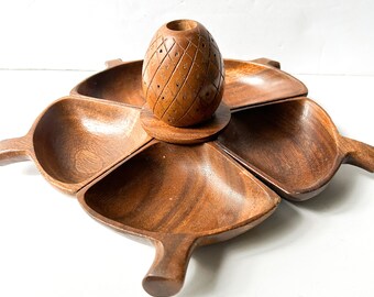 Vintage Monkeypod wood snack bowl and toothpick holder set, pineapple themed midcentury entertaining