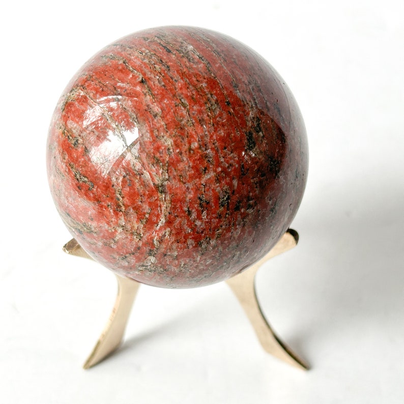 Vintage stone sphere on brass stand, red jasper, marble decor image 8