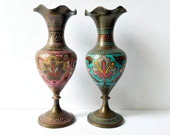 Vintage Enameled Brass Vases, Set of 2