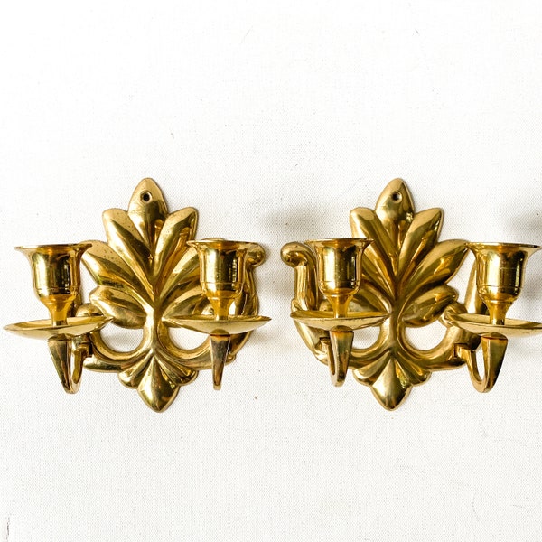 Vintage Brass Wall Sconces, Two Arm Candle Holders with Art Nouveau Style Leaves