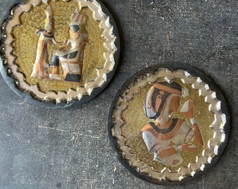 Vintage Egyptian Wall Plates, set of 2, copper, brass and silver tone metal