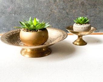 Vintage etched brass pedestal bowl set