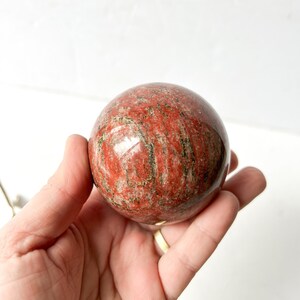 Vintage stone sphere on brass stand, red jasper, marble decor image 6