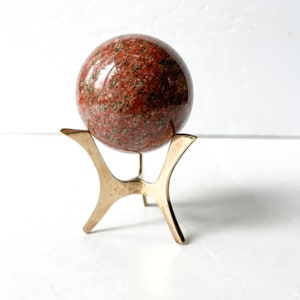 Vintage stone sphere on brass stand, red jasper, marble decor image 3