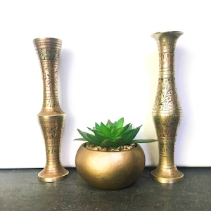Brass Etched Vases, Enameld vase set, bohemian style