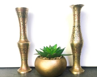 Brass Etched Vases, Enameld vase set, bohemian style