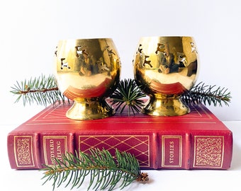 Vintage brass Christmas votive candle holders, reindeer silhouette, set of 2