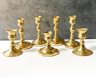 Assorted vintage brass candle holder collection, Lot of 7, Wedding Decor, Mantle Decoration