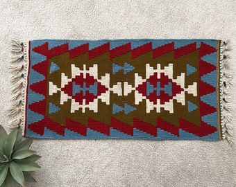 Vintage Boho Kilim Rug, Bohemian Style, Small Woven Wool Rug