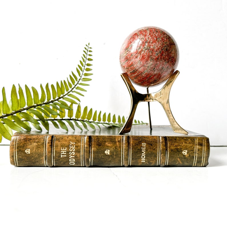 Vintage stone sphere on brass stand, red jasper, marble decor image 1