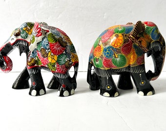 Vintage Hand Painted Elephant Sculptures, Colorful Bohemian Art