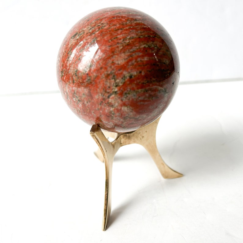 Vintage stone sphere on brass stand, red jasper, marble decor image 4