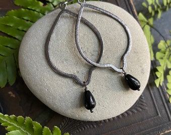 Gothic Teardrop Earrings, Large Gunmetal Hoops