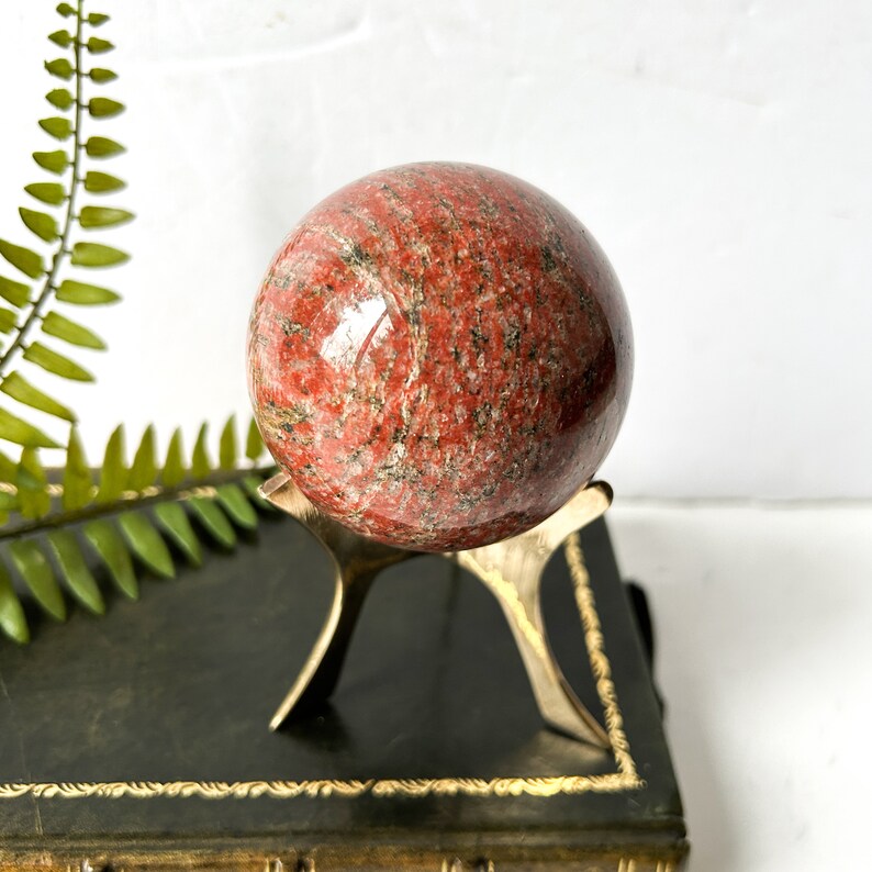 Vintage stone sphere on brass stand, red jasper, marble decor image 2