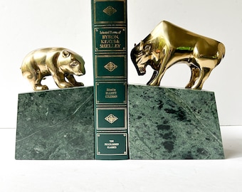 Vintage Brass Bull and Bear Bookends on Marble, Heavy Stock Market Themed Office Decor