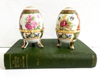 2 vintage egg shaped porcelain trinket boxes with Spring floral design
