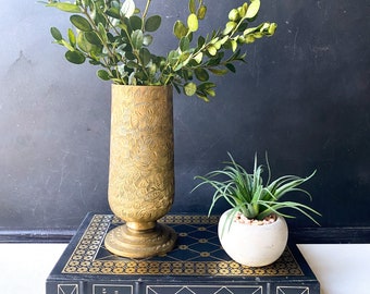 Vintage Etched Brass Vase, Bohemian Style Decor