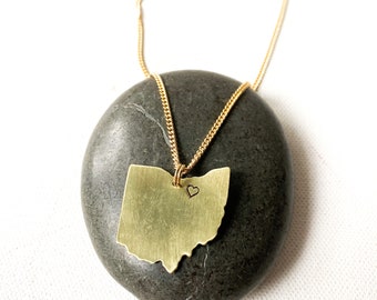 Gold Ohio Necklace,Cleveland Heart, brass and gold plate
