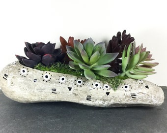 Faux Succulent Planter, Hand Painted Bohemian Style, Indoor Garden Decor