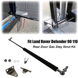 Può includere: Kit ammortizzatore a gas per portiera posteriore nero per modelli Land Rover Defender 90 e 110. Il kit include un ammortizzatore nero, staffe di montaggio, dadi e rondelle. Il testo "Fit Land Rover Defender 90 110 Rear Door Gas Stay Strut Kit" è visualizzato.