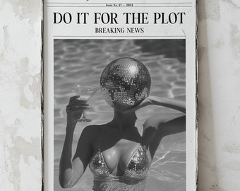 Disco Girl Pool Print | Vintage Newspaper Magazine Wall Art | Retro Disco Poster | Trendy Black And White Room Decor | 70s Inspired Wall Art