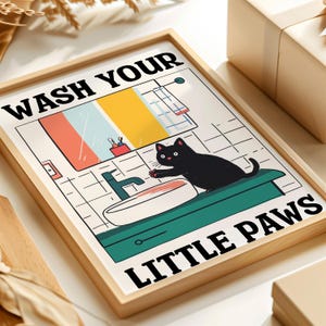 Wash Your Little Paws, cat bathroom decor, wash your paws print, funny cat bathroom art, cat wall art print, funny bathroom print