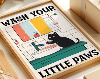 Wash Your Little Paws, cat bathroom decor, wash your paws print, funny cat bathroom art, cat wall art print, funny bathroom print