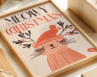 Meowy Christmas Art, Christmas Cat Print, holiday cat decor, festive cat wall art, cute christmas cat, kitty holiday art, cat lover wall art