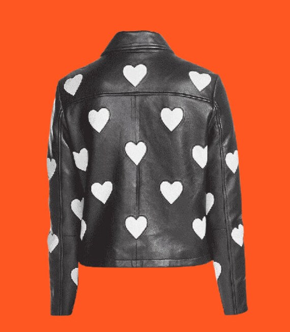 Black leather jacket with white hearts sale
