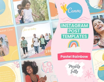 Regenbogen Pastell Instagram Posts Canva Template für dein Business - Rainbow Playful Branding Instagram Template Bundle