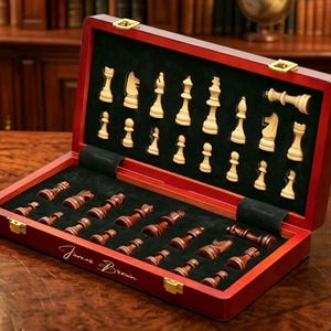 May include: A wooden chess set in a rectangular, hinged storage case with a dark red finish and gold-tone latches. The interior features black felt lining with molded slots for light and dark wooden chess pieces. The text "Jarnas Brown" is printed in white script on the front edge of the case.