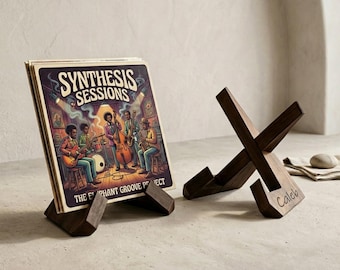 May include: Two dark wood X-shaped stands for vinyl records. One stand holds a square record sleeve titled Synthesis Sessions The Elephant Groove Project, featuring a colorful illustration of a jazz band. The other stand is engraved with the name Caleb.