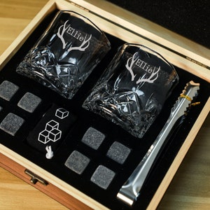 Customized Whiskey Glass Set with Wooden Box, Whiskey Stone Set, Groomsmen Gift, Best Man Gift,  Whiskey Gifts for Grandpa Dad Son Husband