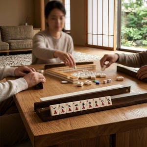 May include: A set of Mahjong tiles arranged on a wooden table, featuring white rectangular tiles with red and black Chinese characters and numbers. The tiles are displayed on dark wooden racks, with additional tiles and dice scattered on the surface.