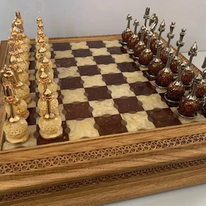 Handmade Amber & Brass Chess Set: Luxury Game for Collectors