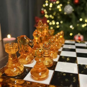 Amber chessboard with chess figures,Amber chessboard,Unique  chess, Premium chess figures, Chess pieces amber,Resin chessboard