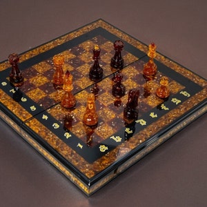 Folding Amber Chess Set: Portable Wooden Chessboard (460x230mm)