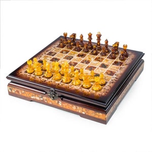 Handcrafted Baltic Amber Chess Set: Luxury Wooden Chessboard