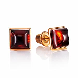 Square stud earrings with natural amber inserts in cherry color,Handmade amber jewellery, Unique jewelry gift, Gift for her